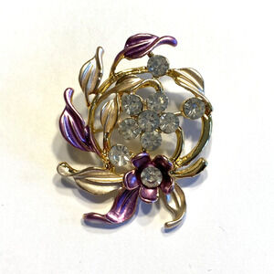 Vintage inspired flower brooch goldtone pink & silver wash white rhinestones